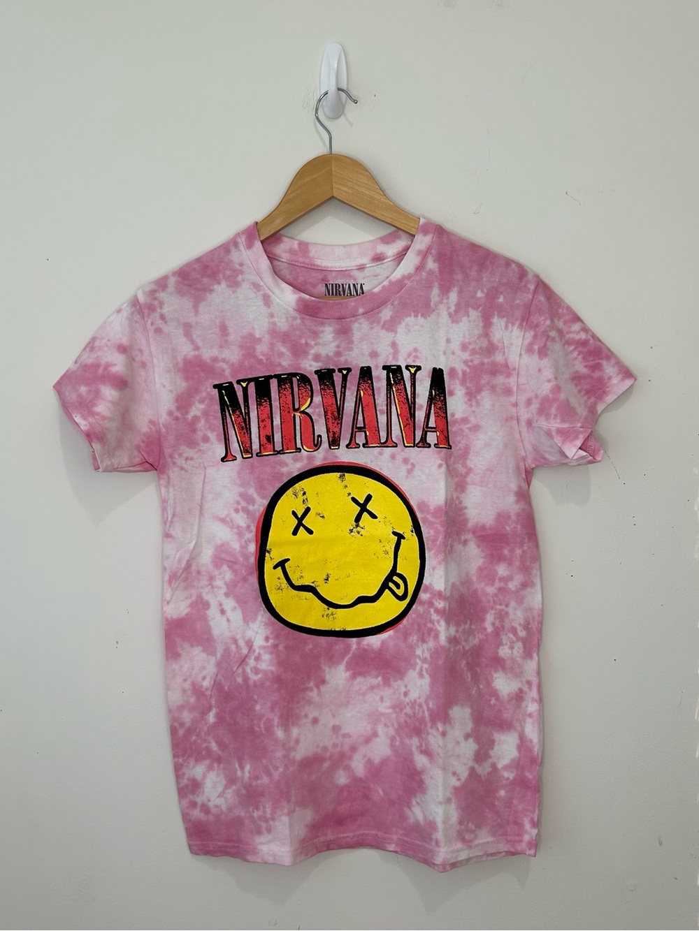 Nirvana Pink/White Tie-Dye Smiley Face Graphic T-Shirt, Size S